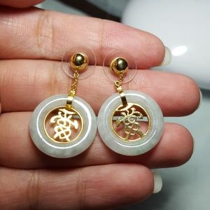 14k Chinese neprite green jade dangle earrings